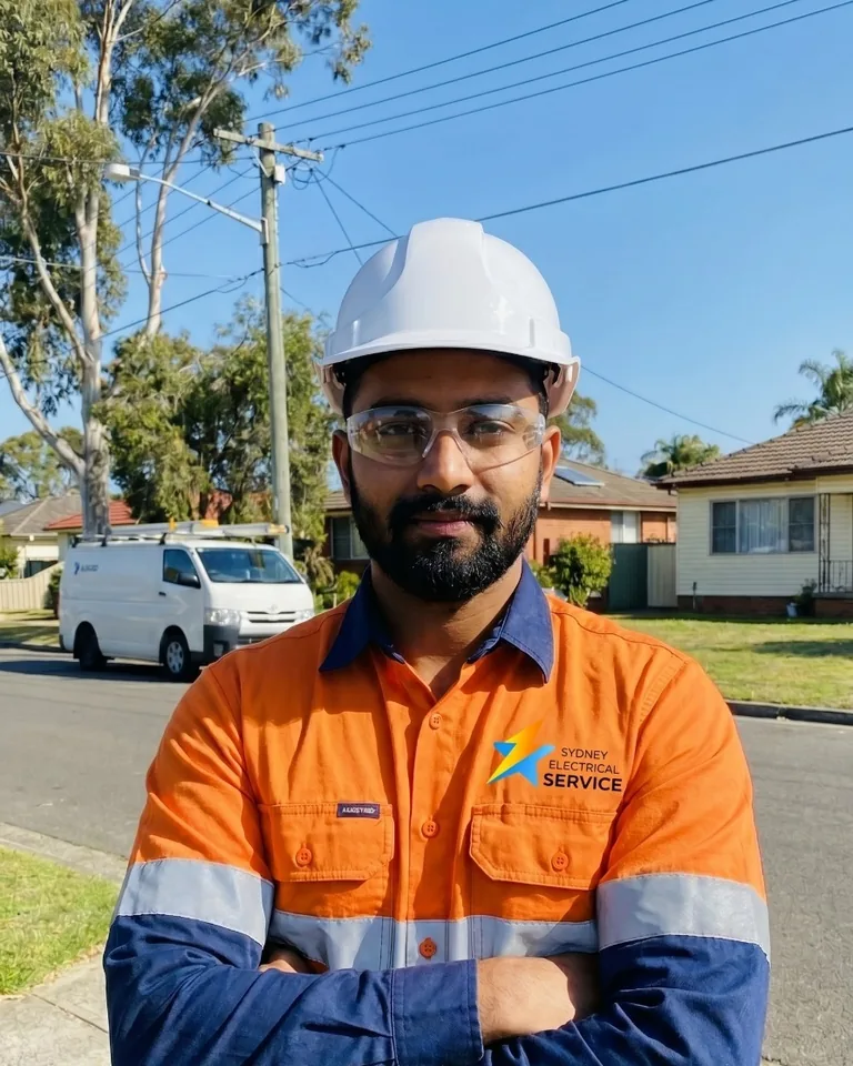 Licensed Sydney electrician in hard hat and safety glasses on a residential street
