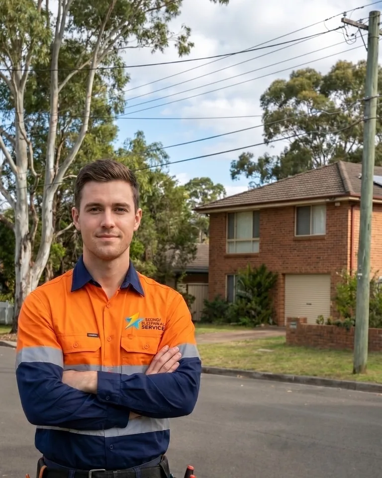 Sydney Electrical Service technician in branded hi-vis outside a Sydney home