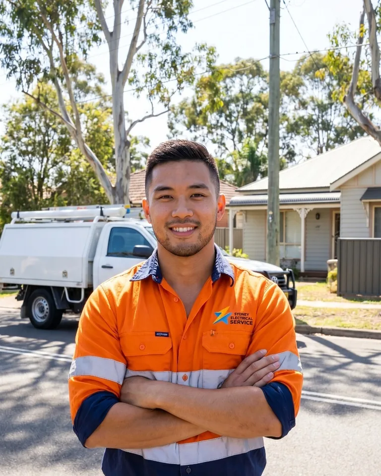 Friendly Sydney Electrical Service electrician in branded uniform by the work van