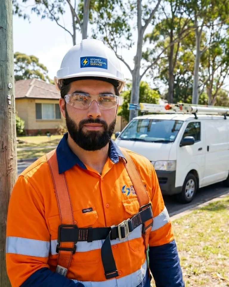 Level 2 electrician in fall-arrest harness ready for overhead network work