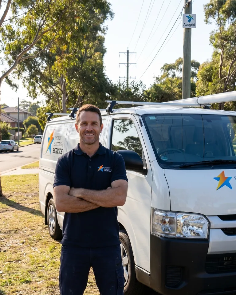 Sydney Electrical Service electrician in branded polo beside the company van