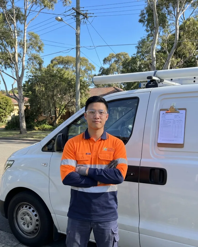 Sydney Electrical Service technician with job sheet at the work van