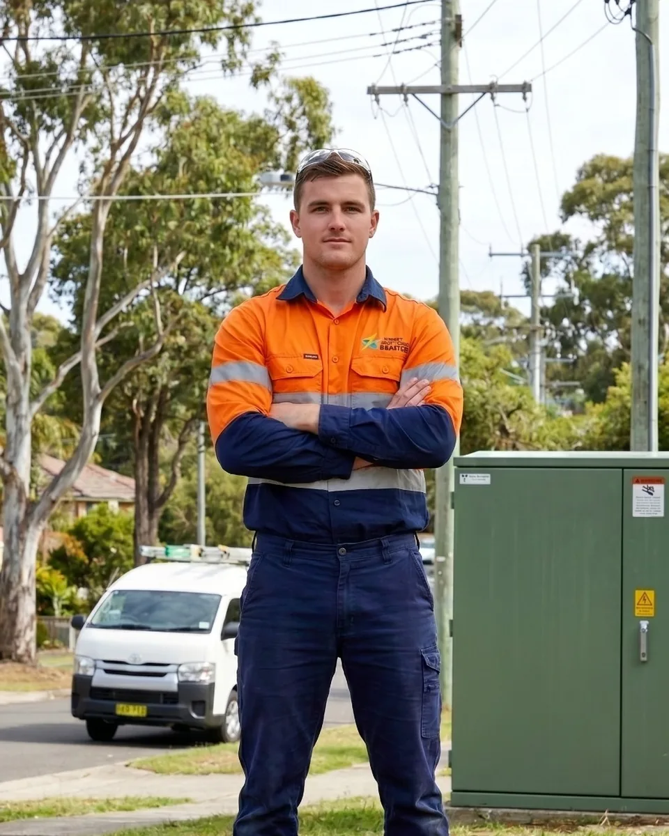 Level 2 electrician beside an Ausgrid street distribution kiosk