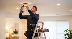 Electrician installing a recessed LED downlight in a Sydney home ceiling