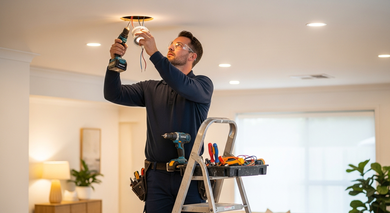 Electrician installing a recessed LED downlight in a Sydney home ceiling