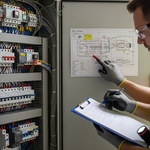 Electrician inspecting a switchboard and completing electrical compliance documentation