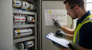 Electrician inspecting a switchboard and completing electrical compliance documentation