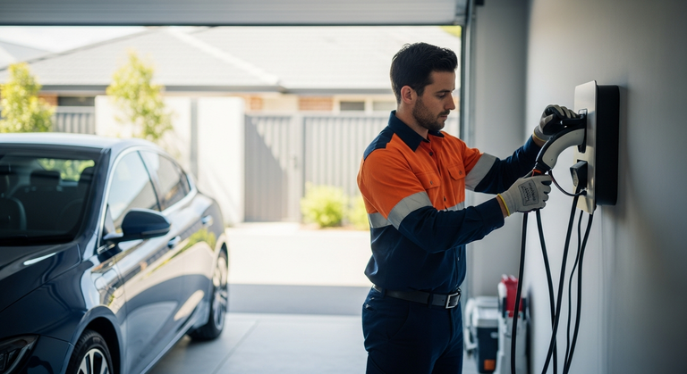 Licensed electrician installing a home EV charger in a Sydney garage