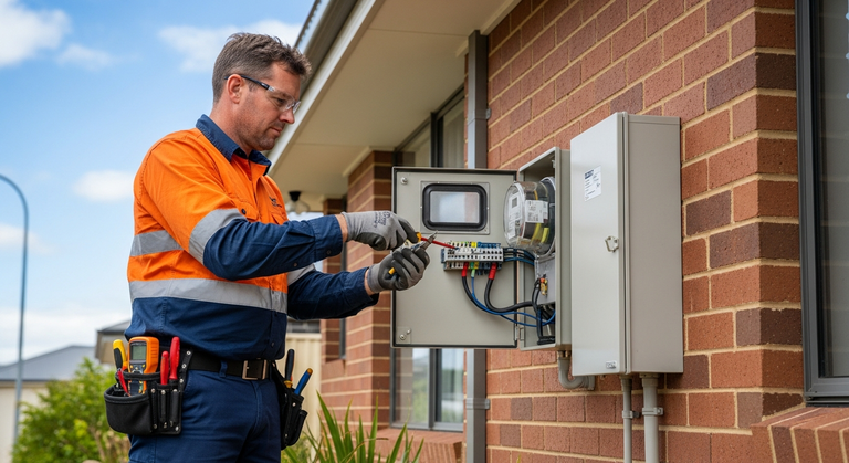 Licensed Level 2 ASP electrician working on an outdoor meter box in Sydney